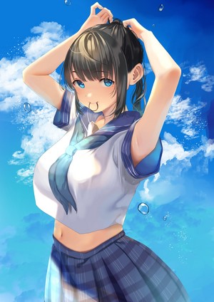 Anime girl in sailor uniform tying ponytail