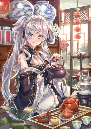 Anime girl in maid outfit performing tea ceremony