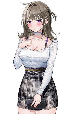 Anime girl with purple eyes wearing a sweater and skirt