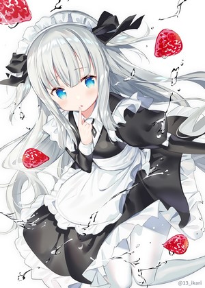 Maid girl with silver hair and blue eyes surrounded by strawberries