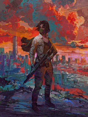 Woman with gun in post-apocalyptic city