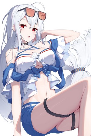 Skadi from Arknights with silver hair and red eyes