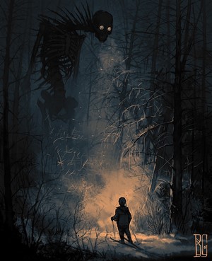 Giant skeleton creature in a dark forest at night