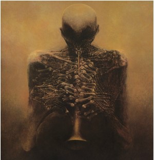 Skeleton playing a trumpet by Zdzisław Beksiński