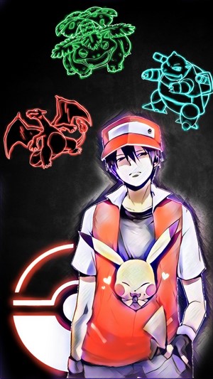 Red from Pokemon with starter Pokemon and Pikachu