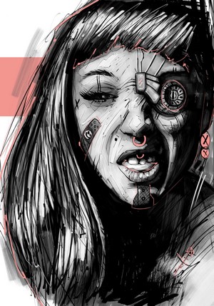 Cyberpunk woman with mechanical eye and piercings