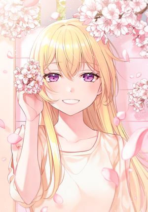 Anime girl with blonde hair and purple eyes holding cherry blossoms