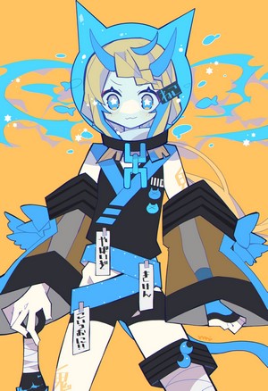 Anime girl with blue cat ears and horns
