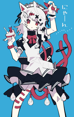 Anime girl with cat ears and maid outfit holding fish