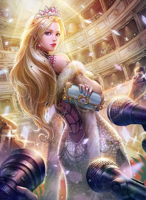 Fantasy princess with crown and fur stole in opera house