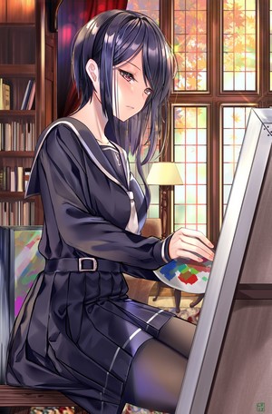 Anime girl in school uniform painting by a window