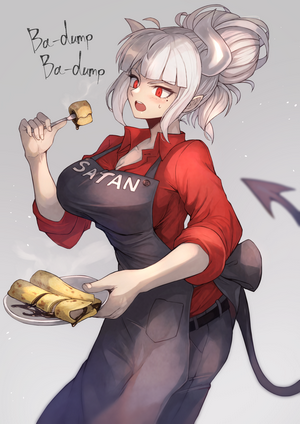 Lucifer from Helltaker eating a chocolate-covered pastry