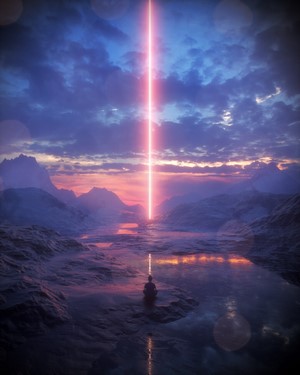 Person meditating under a pink beam of light in mountains