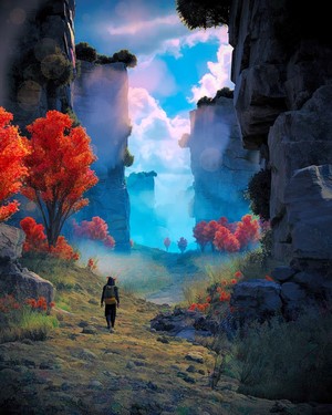 Person walking through a canyon with red trees
