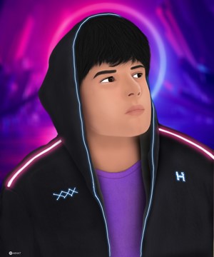 Digital artwork of a young person in a hoodie
