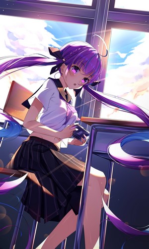 Minato Aqua from Hololive playing Nintendo Switch in classroom
