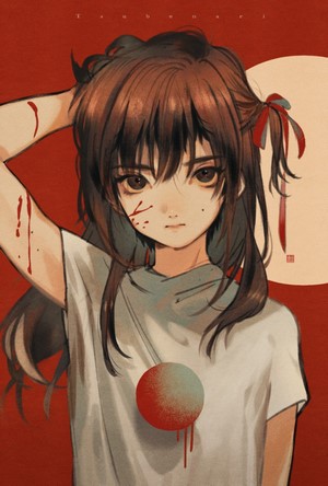Anime girl with blood splatters and red ribbons