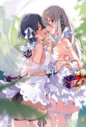 Two anime girls sharing cherries in a garden