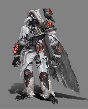 Futuristic soldier with a bird companion
