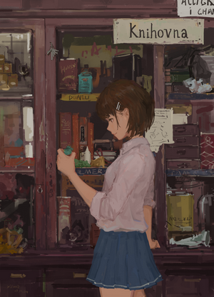Anime girl in a library looking at a book