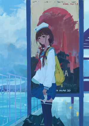 Anime girl in sailor uniform by the sea
