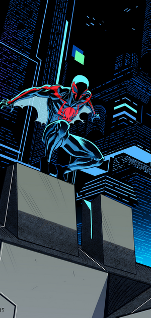 Spider-Man 2099 leaping across a futuristic city at night