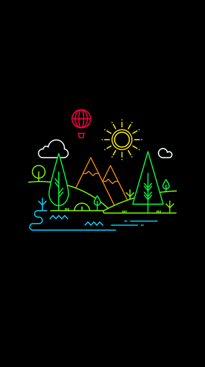 Neon landscape with mountains, trees, and hot air balloon