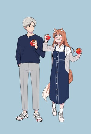 Lawrence and Holo from Spice and Wolf with apples