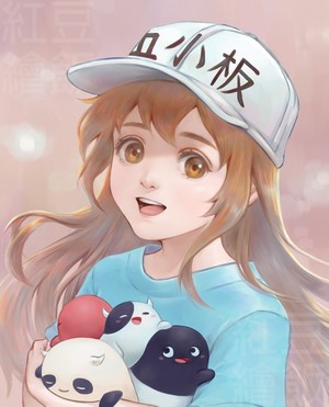 Platelet-chan from Hataraku Saibou holding plushies
