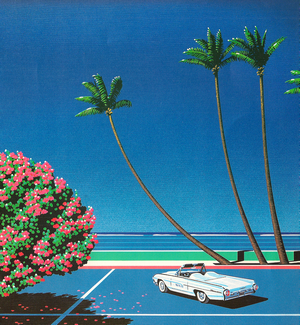 Hiroshi Nagai painting of a convertible car and palm trees