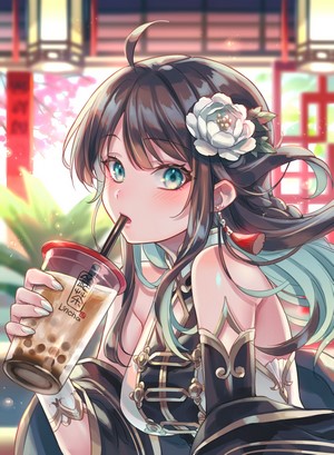 Anime girl with aqua eyes drinking bubble tea