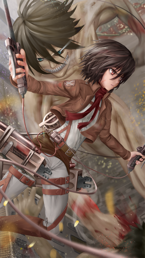 Mikasa Ackerman and a Titan from Attack on Titan
