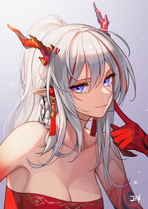 Nian from Arknights with silver hair and blue eyes