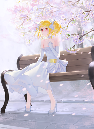 Anime girl in white dress under cherry blossoms