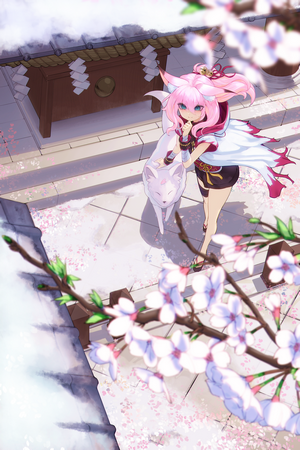 Anime girl with fox ears and white fox near shrine