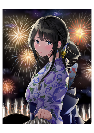 Anime girl in yukata watching fireworks