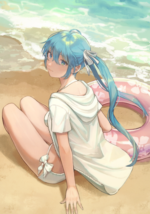 Hatsune Miku Sitting on Beach with Inflatable Ring
