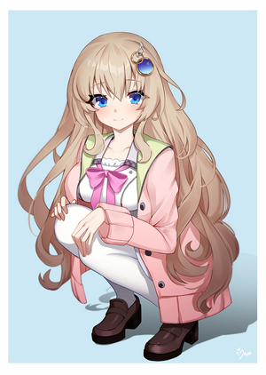 Anime girl with long blonde hair and blue eyes squatting