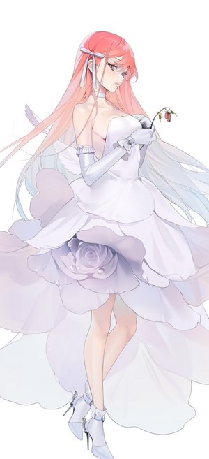Anime girl in white dress holding a wilted rose