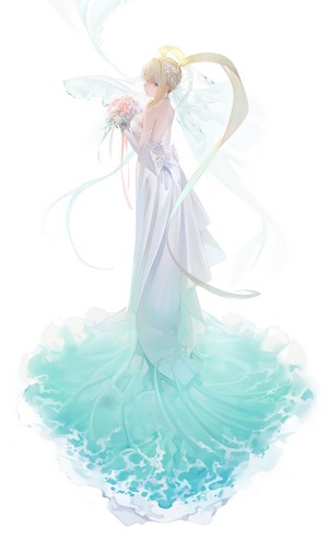 Anime girl in wedding dress holding flowers