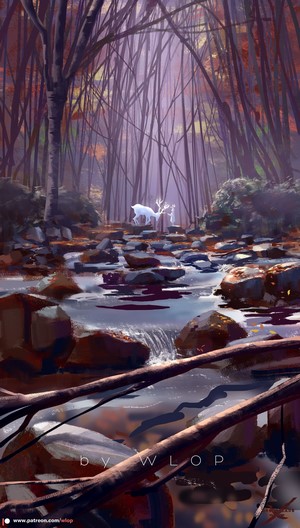 White deer and figure in a forest stream