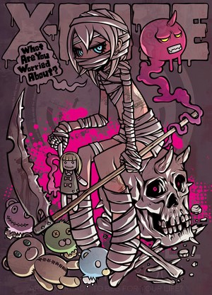 Mummy girl with sickle and skull