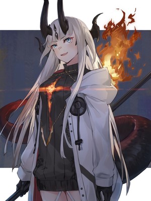 Reed from Arknights with horns and fire