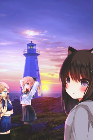 Anime girls at sunset near a lighthouse