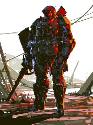 Futuristic soldier in armor with a gun