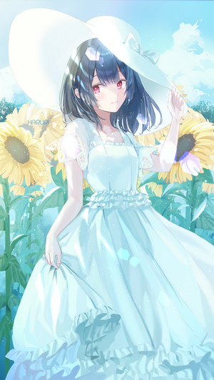 Rinze Morino in a white dress and hat in a sunflower field