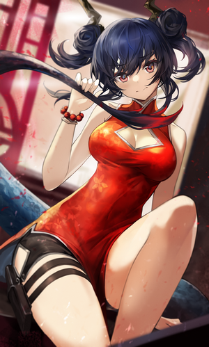 Chen from Arknights in a red dress