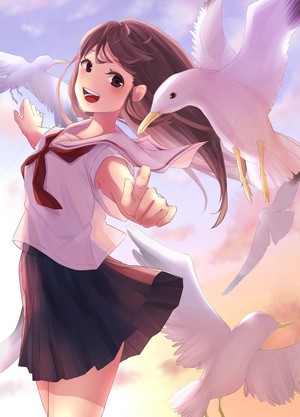 Anime girl in school uniform with seagulls