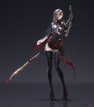 Woman with silver hair, armor, and weapons