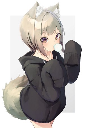 Anime girl with animal ears and tail eating bubble gum
